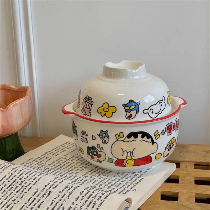 Ins-style cute cartoon instant noodle bowl with lid, large-capacity Japanese girlish ceramic bowl, breakfast bowl, household tableware Application Scenario