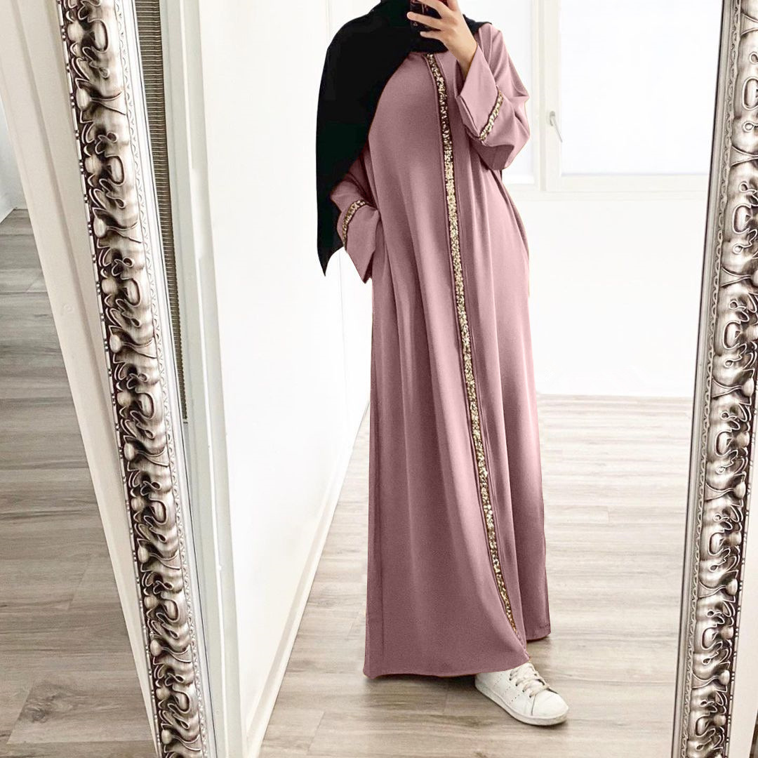 New Southeast Asian cross-border Muslim women's robe patchwork sequined dress solid color Middle Eastern robe abaya women's robe hooded Muslim Item Picture