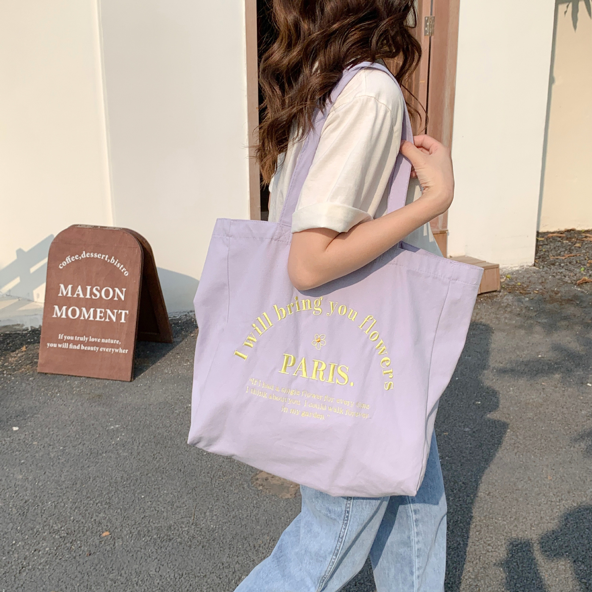 2521 InS-style women's canvas bag with letter embroidery, single-shoulder bag, large capacity student handbag, shopping bag for shopping full figure