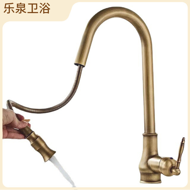 Cross-border retro European-style pull-out faucet, antique brushed gold sink, pull-out kitchen hot and cold water faucet Item Picture