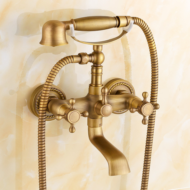 Brass antique bathtub faucet set with twisted base, wall-mounted double-handle telephone shower head set for bathing Specification drawing