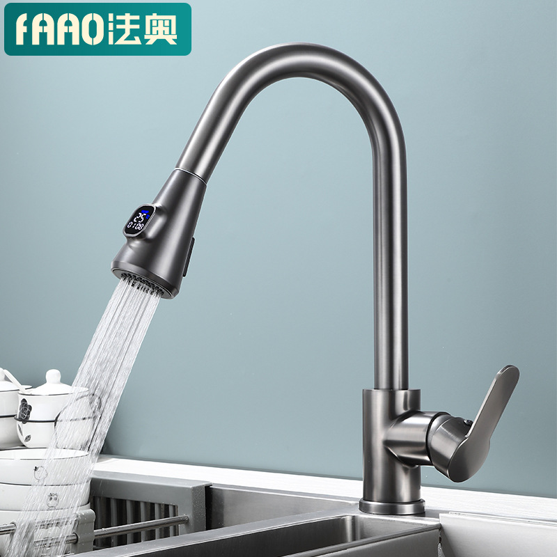 Kitchen pull-out faucet, digital display for hot and cold, universal telescopic splash-proof sink, household sink for washing vegetables, dishes and washbasin full figure