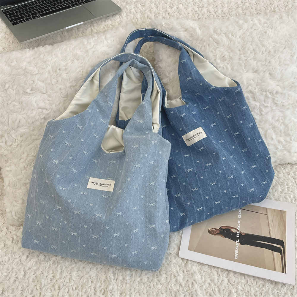 41191 Denim bow tie large-capacity vest bag for female students, book bag, single-shoulder large-capacity shopping bag full figure