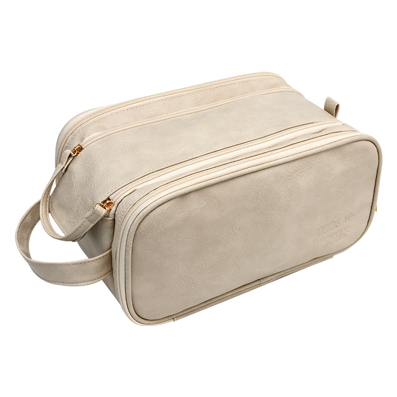 Fashionable double-zipper makeup bag, hand-held toiletries storage bag, PU travel waterproof toiletries bag, portable storage bag Item Picture