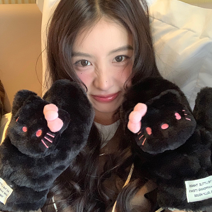 Cute plush gloves for girls to keep warm while cycling in autumn and winter, thickened for students to ride, windproof and cold-proof, with neck straps and fingers attached Specification drawing