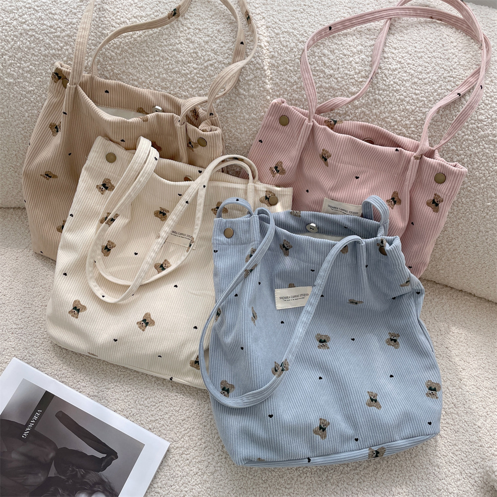 49193 copyrighted corduroy cartoon printed bear large capacity hand-held shoulder bag, student class armpit bag full figure