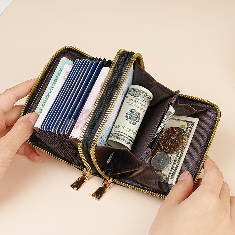 Cross-border crocodile-patterned solid color organ double zipper card case, fashionable multi-slot large capacity card holder zipper coin purse for women full figure