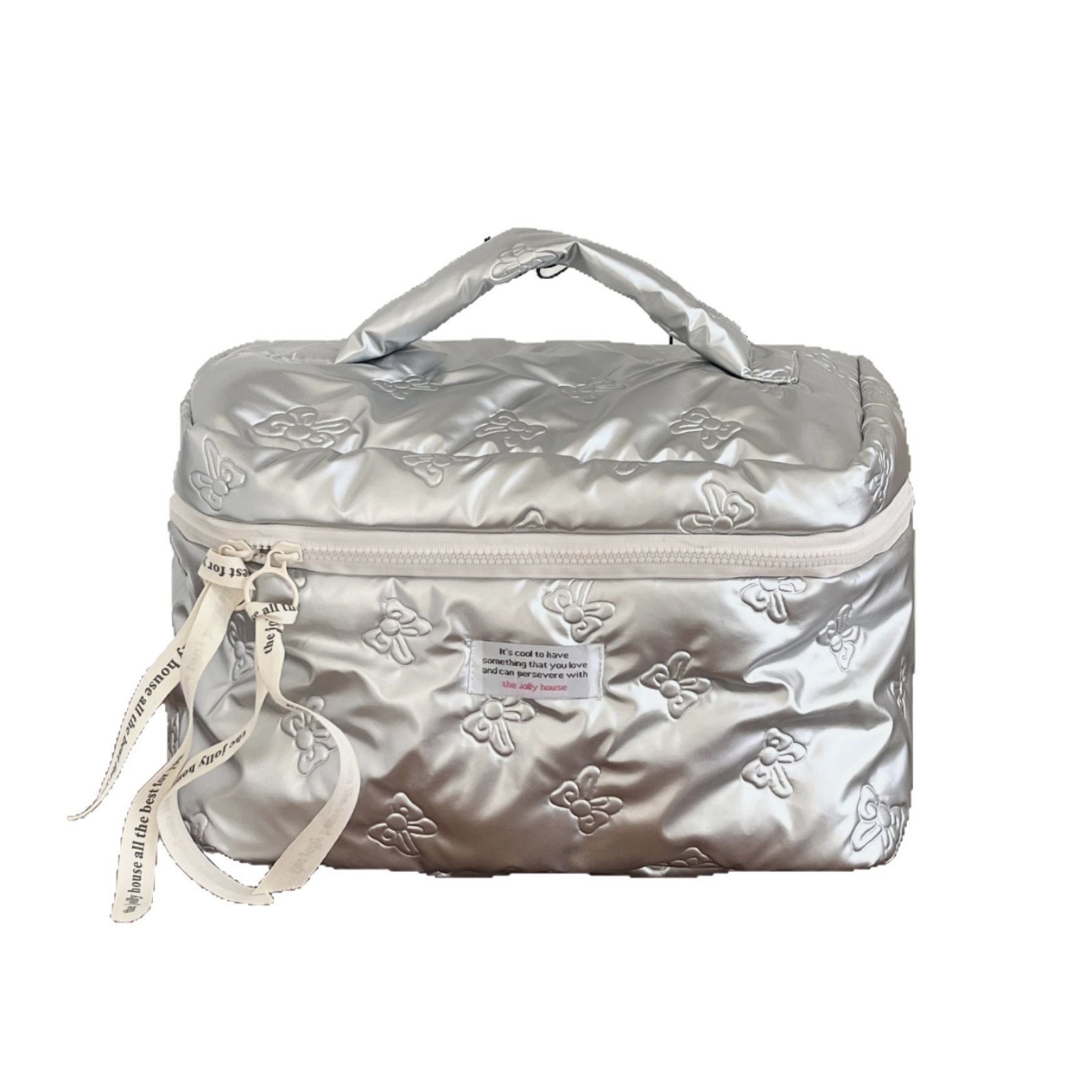 ins Bow cotton-padded cosmetic bag for women, large-capacity Korean cosmetics storage bag, portable toiletries bag for going out Item Picture