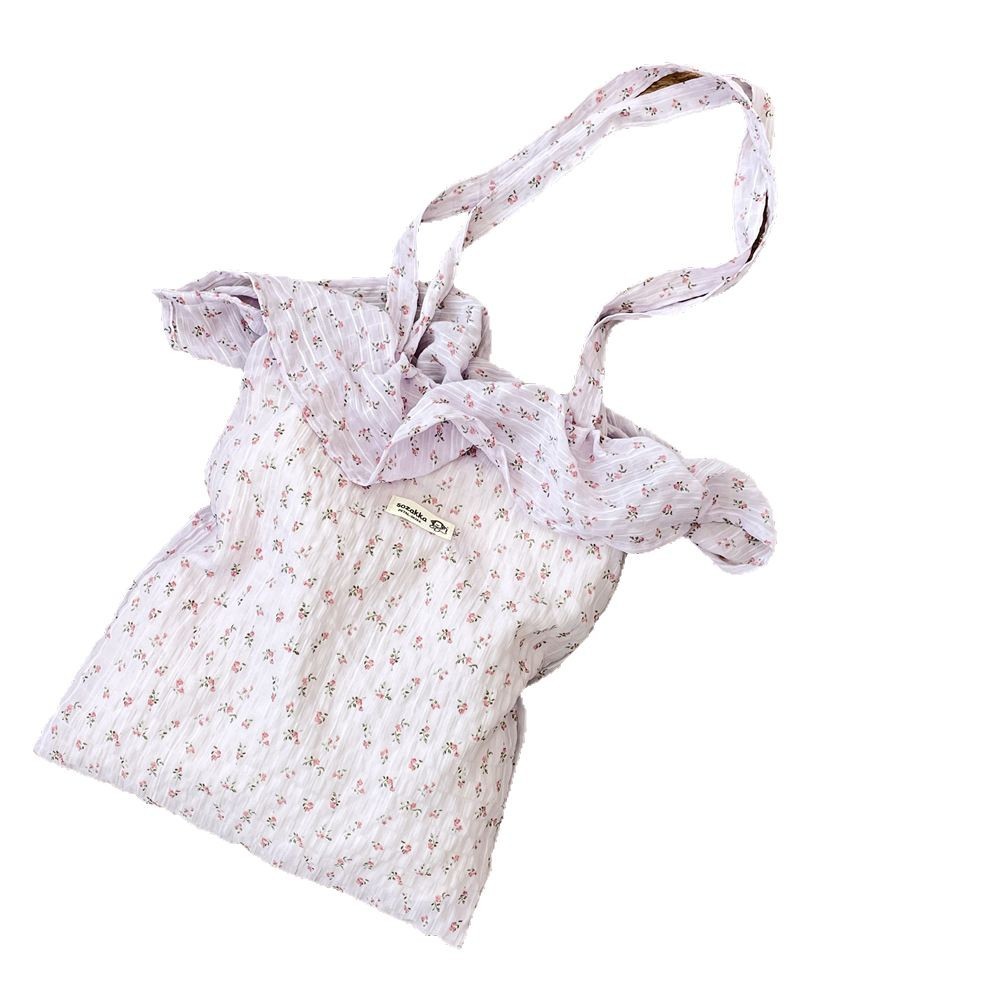 52202 Fresh and sweet floral ruffled single-shoulder bag, large-capacity student class bag, fashionable chiffon tote bag Item Picture