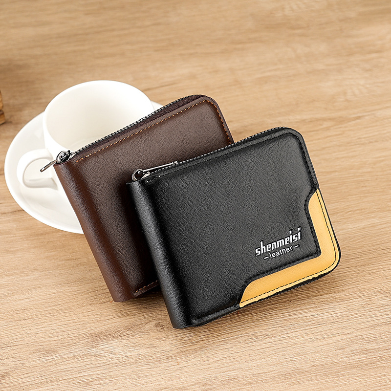 New men's wallet, fashionable spliced large-capacity wallet, zipper bag, coin purse, men's short chain wallet full figure