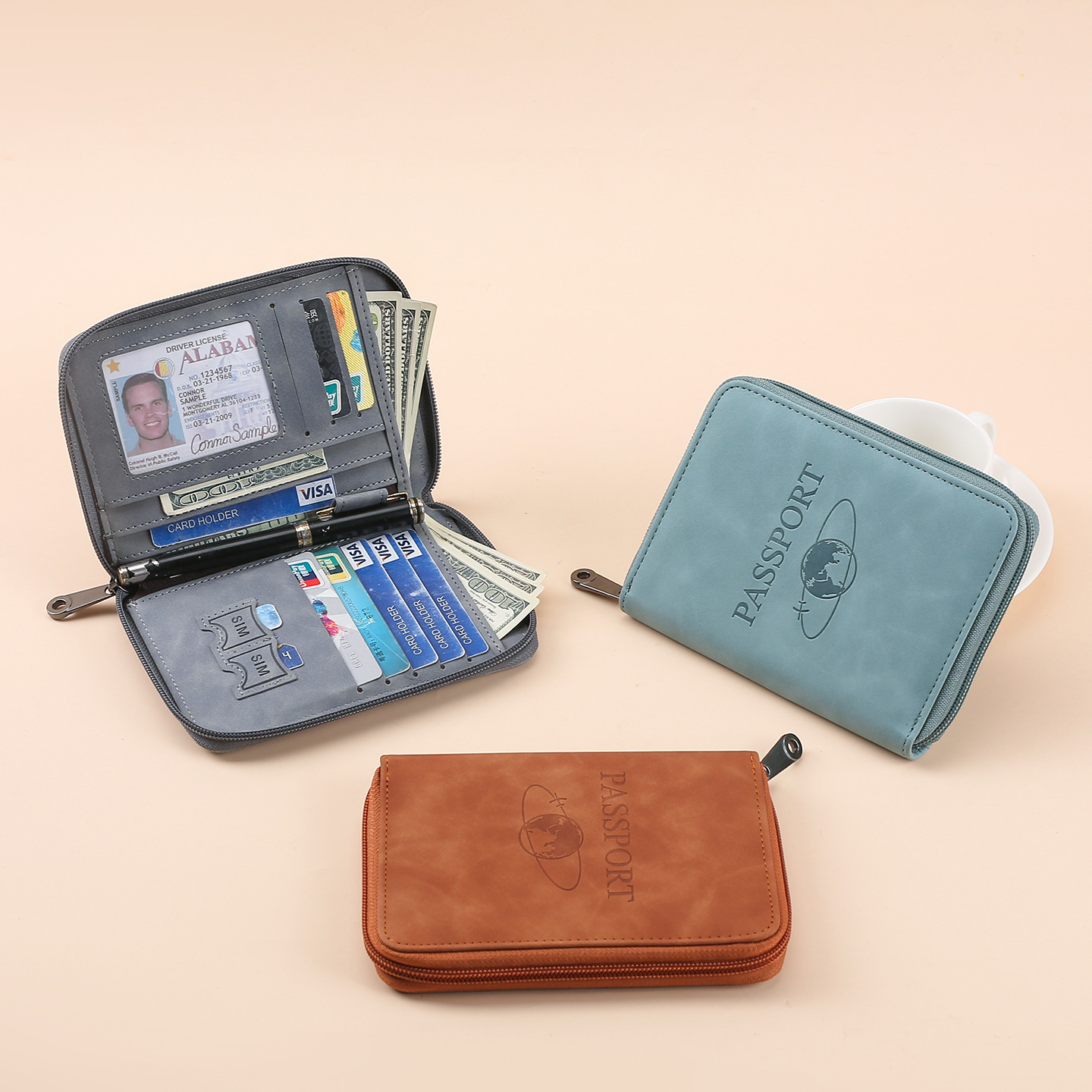 The new cross-border multi-functional women's long zipper passport bag from Ailun features a fashionable color-blocking travel air ticket storage and document preservation full figure