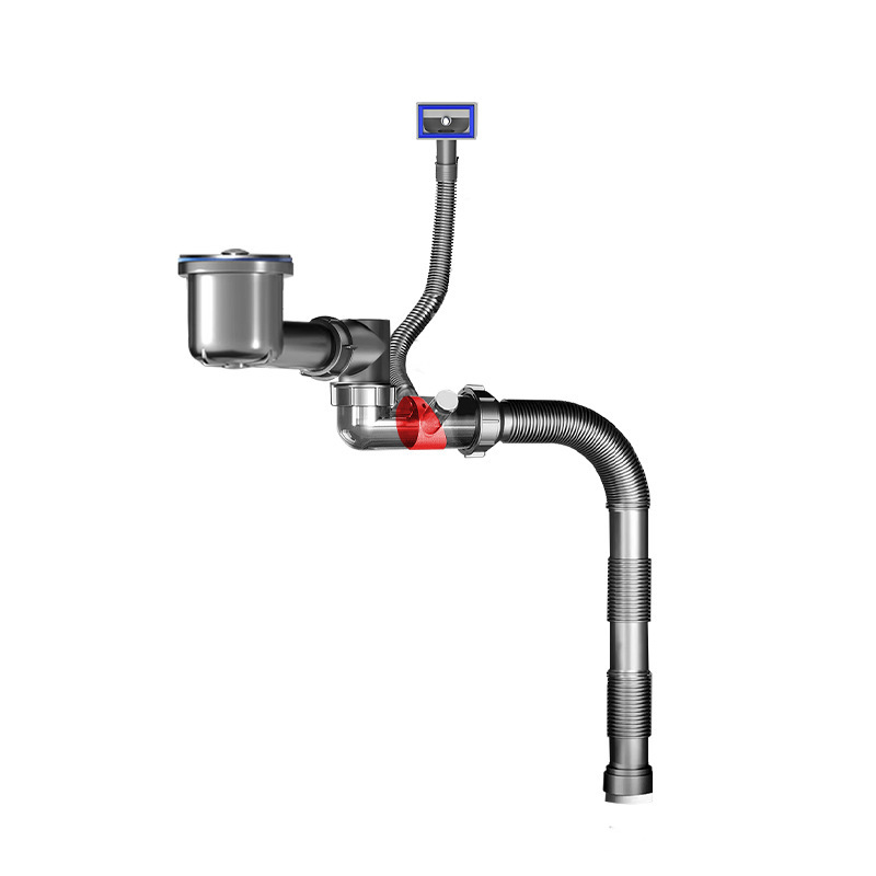 Kitchen horizontal row space-saving drain set, side row double overflow interface drain pipe, anti-odor drain pipe for sink Item Picture