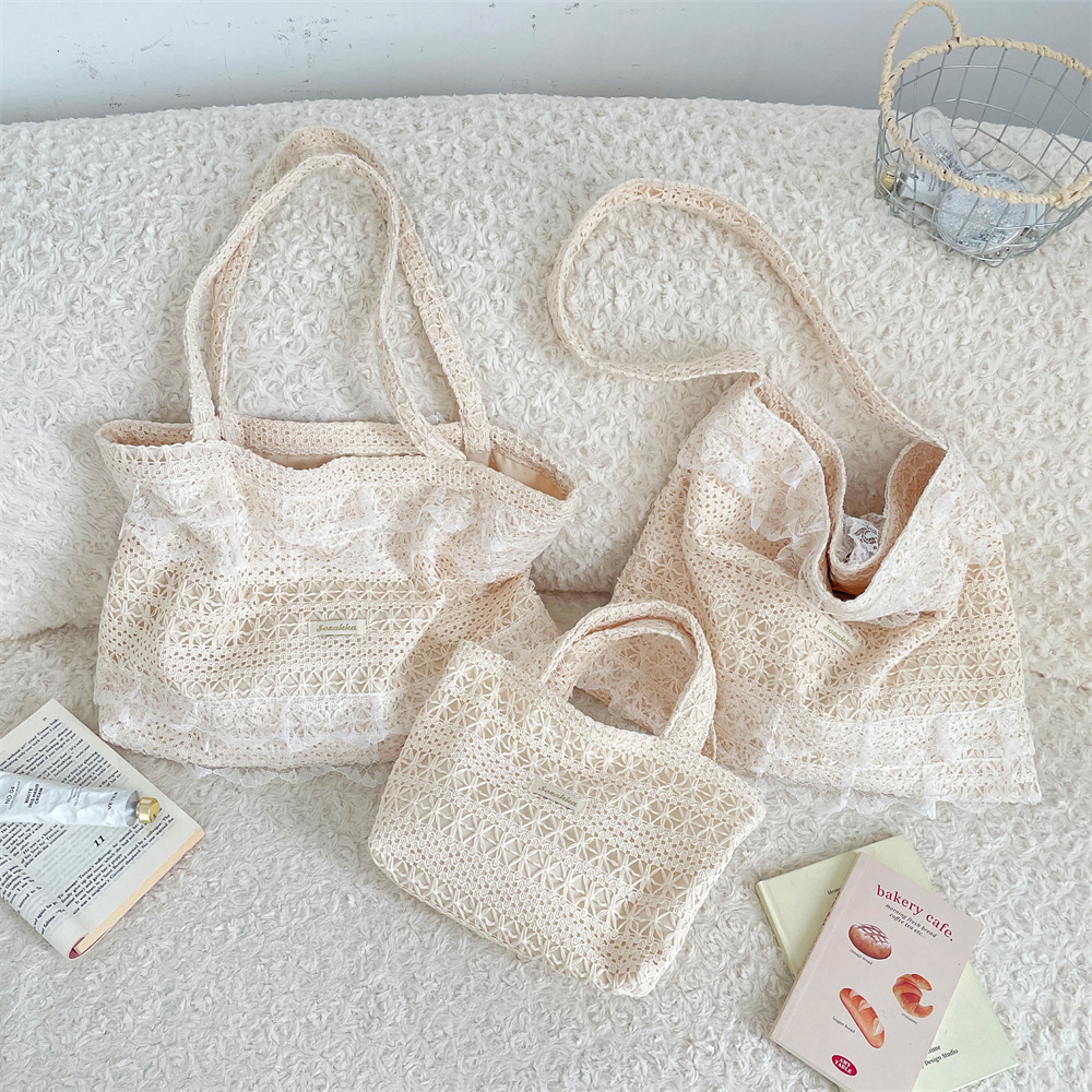 56281 Summer Casual Vacation single-shoulder Bag, ethereal lace canvas bag, large-capacity tote bag, Hollowed-out beach bag full figure