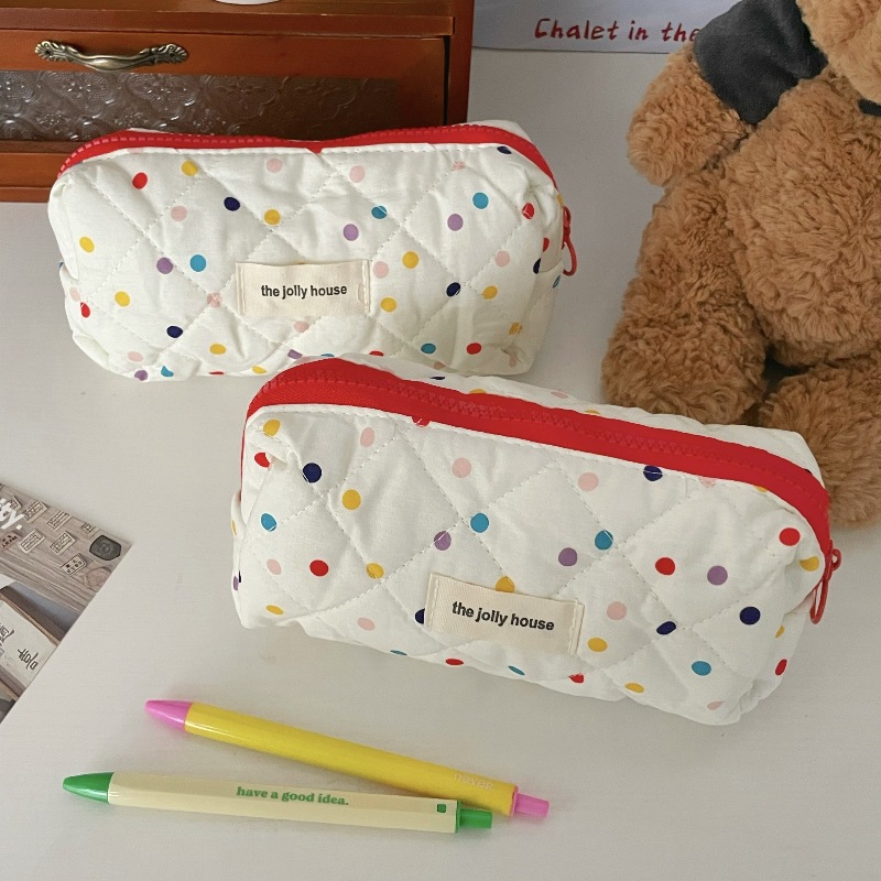 Large-capacity pen case in ins, high appearance level, colorful polka dot quilted stationery storage bag, pencil cases for junior and senior high school students full figure