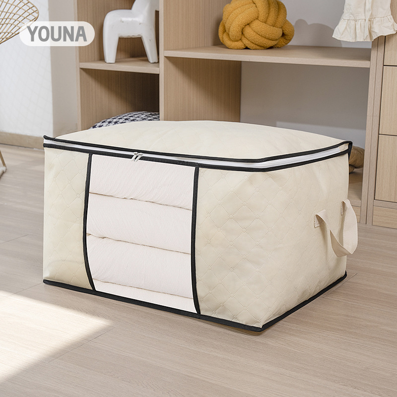 Non-woven fabric visible thickened bamboo charcoal cotton quilt storage bag, clothes sorting bag, large moving quilt storage and packing bag Specification drawing