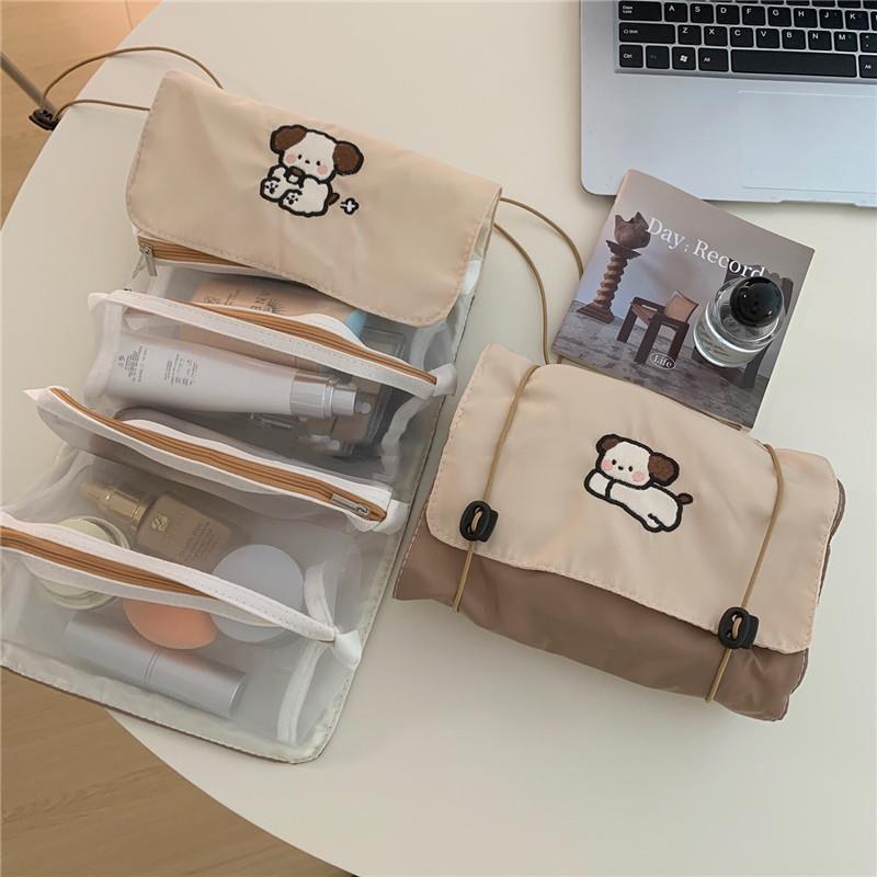 Original milk tea dog cartoon makeup bag, large capacity, high appearance level, mesh detachable storage bag, travel toiletries bag details Picture