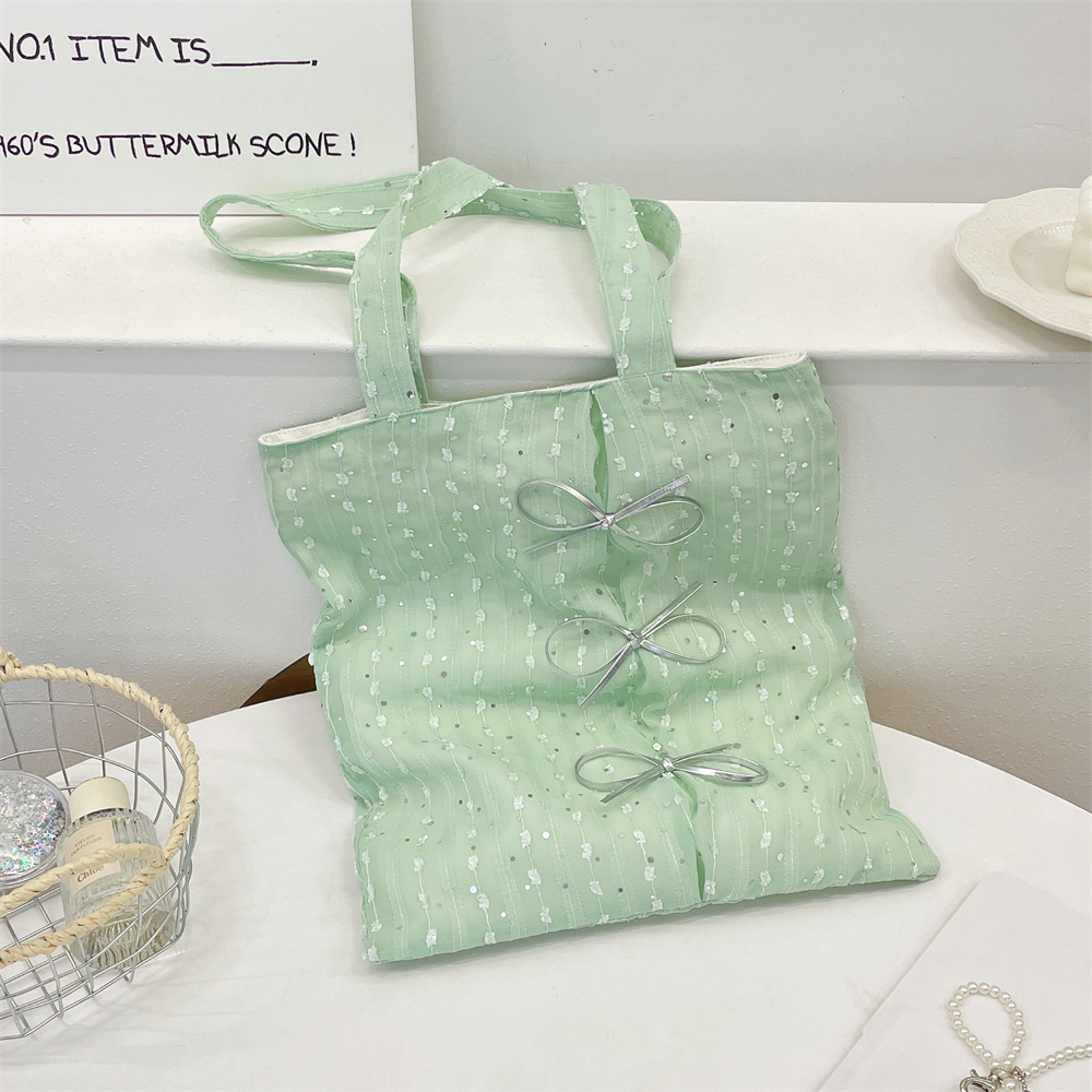 5613 2025 New Summer sequined gentle bow handbag, women's large-capacity single-shoulder bag, canvas bag for going out Specification drawing