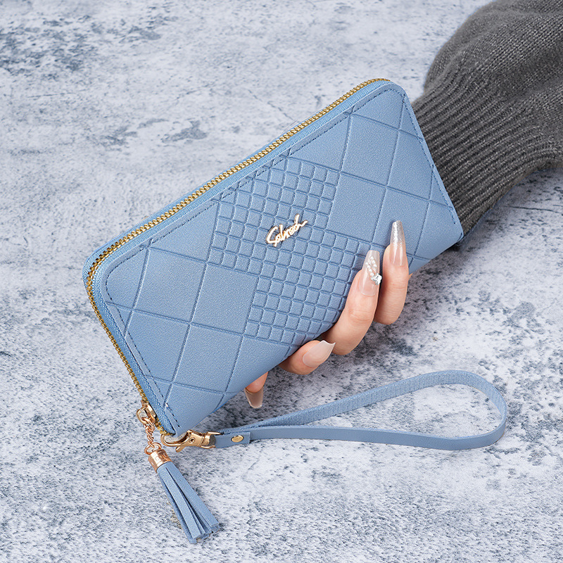 Korean-style long wallet for women, hand-held bag with mobile phone, wallet, cross-border wallet, long embossed zipper clutch for women full figure