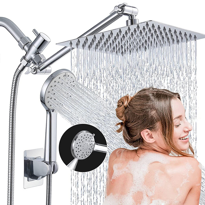 Amazon American-style wall-mounted exposed showerhead extension rod shower set, bath three-way water distributor, stainless steel nozzle Specification drawing