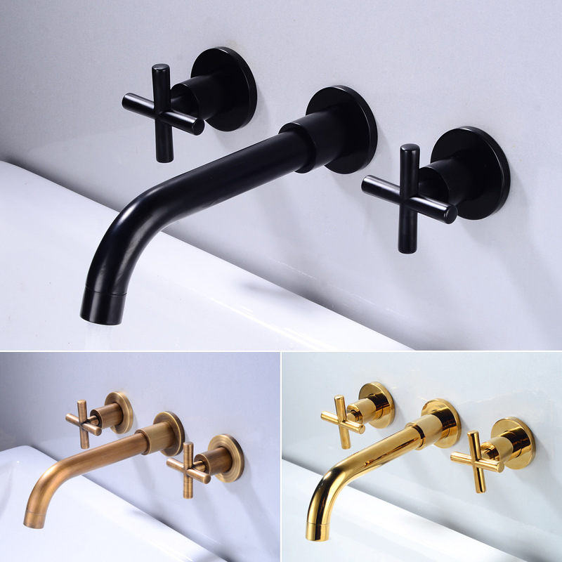 All-copper concealed washbasin faucet, split double-handle wall-mounted three-hole cold and hot water washbasin faucet, black bathtub faucet full figure