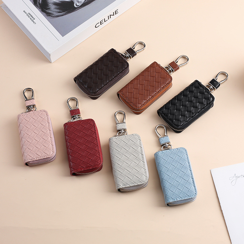 Cross-border woven pattern car key case, men's multi-functional large-capacity zipper, women's scratch-resistant key case, keychain details Picture