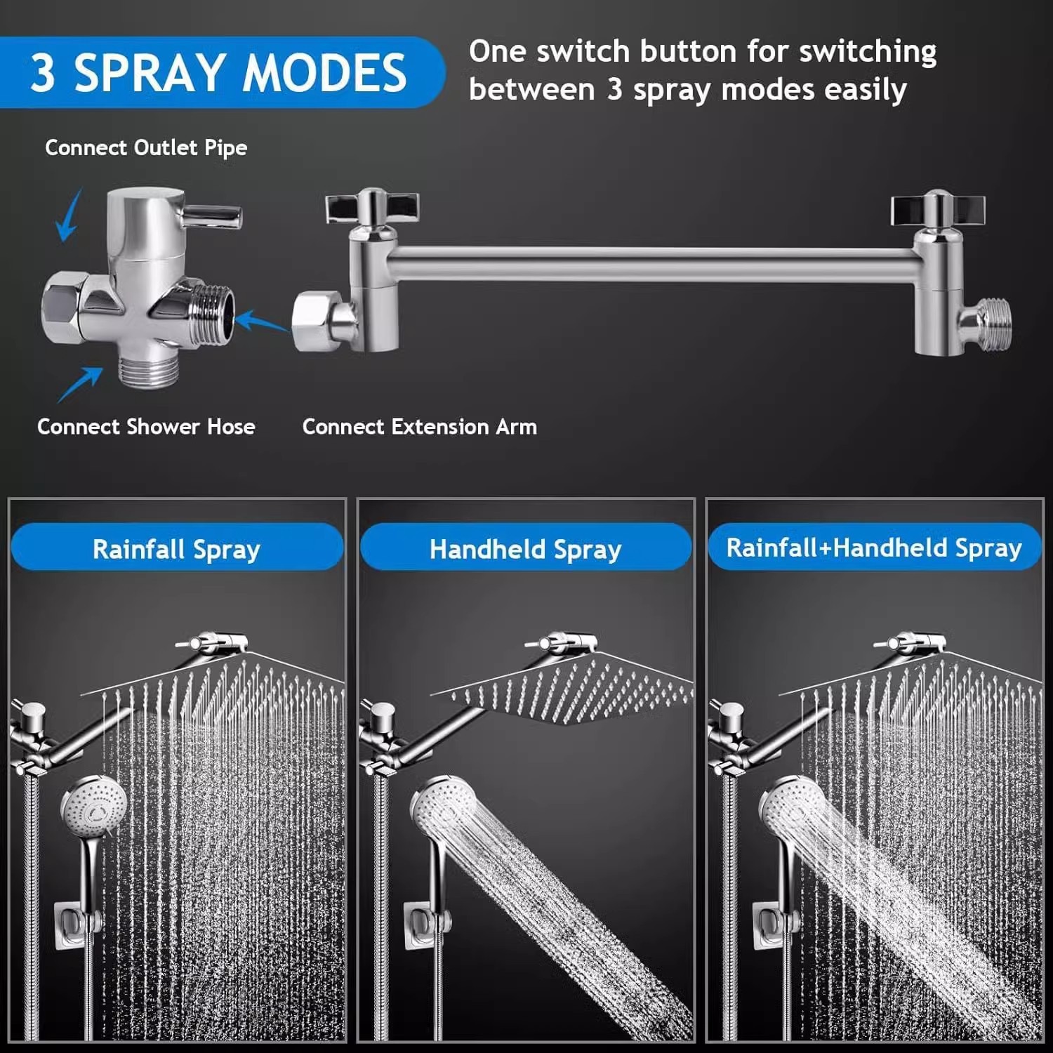 Amazon electroplated stainless steel top spray belt extended arm arm multi-functional handheld shower wall-mounted exposed showerhead set Application Scenario