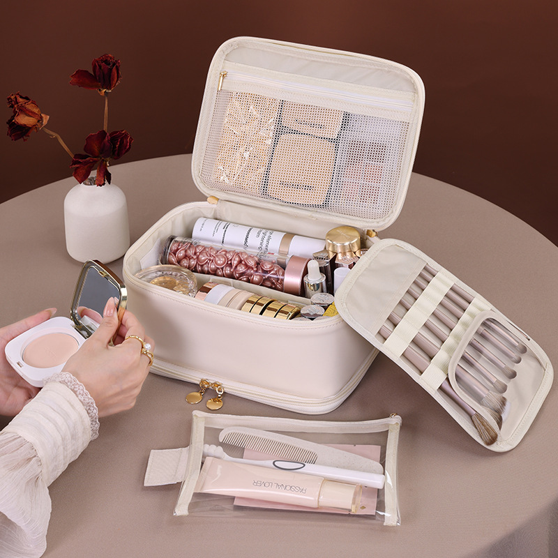 Ins-style double-layer multi-functional makeup bag, travel portable, zoned storage, cosmetics storage bag, large toiletry bag full figure