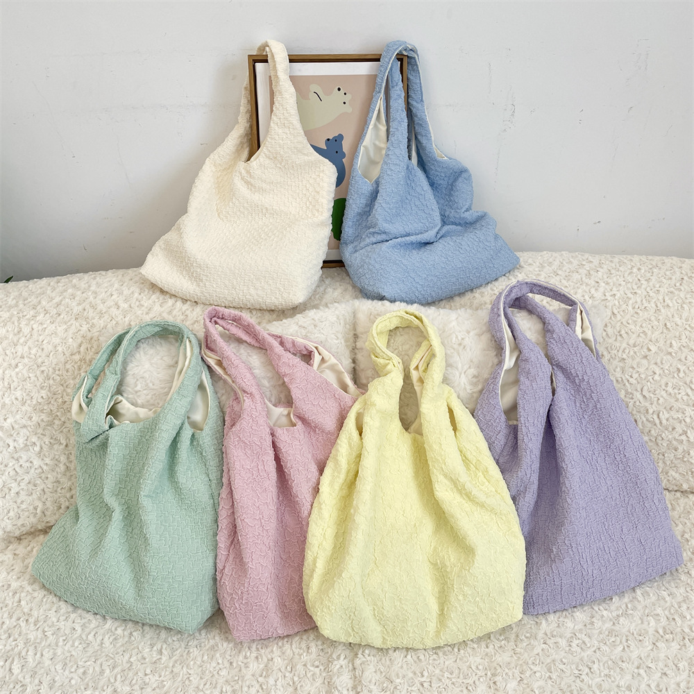 53241 Gentle solid color pleated summer new stylish Casual large-capacity single-shoulder tote canvas bag for women full figure