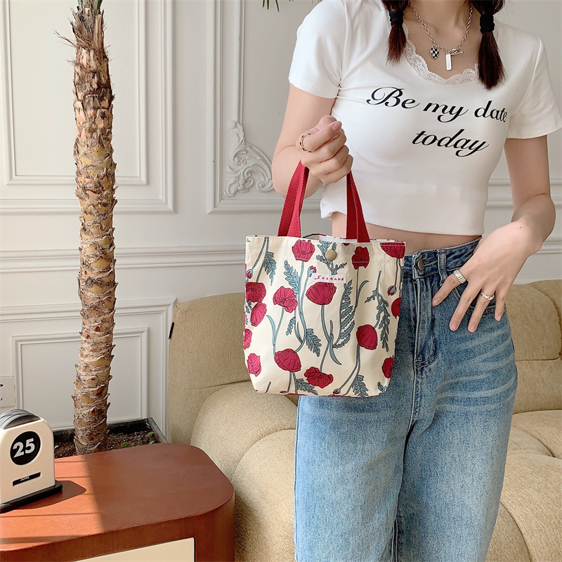 34272 Fresh floral canvas bag, Japanese and Korean lunch box, bento bag, Mommy's hand-held casual shopping bag, small bag details Picture