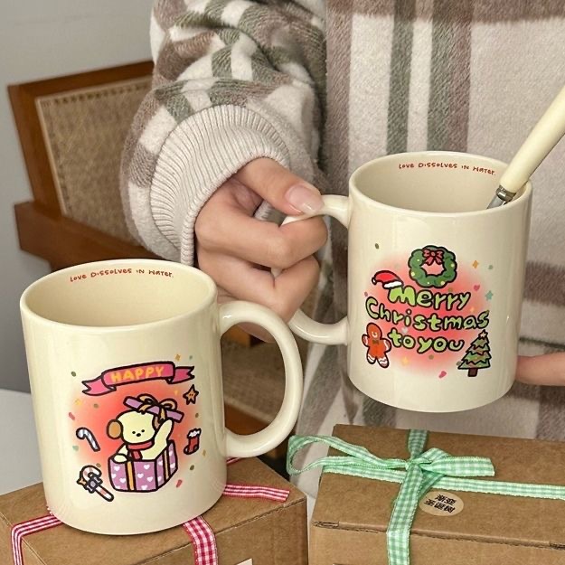 ins cute ceramic cups, cartoon cream-colored mugs, water cups, milk breakfast cups, coffee cups, Christmas gifts Specification drawing