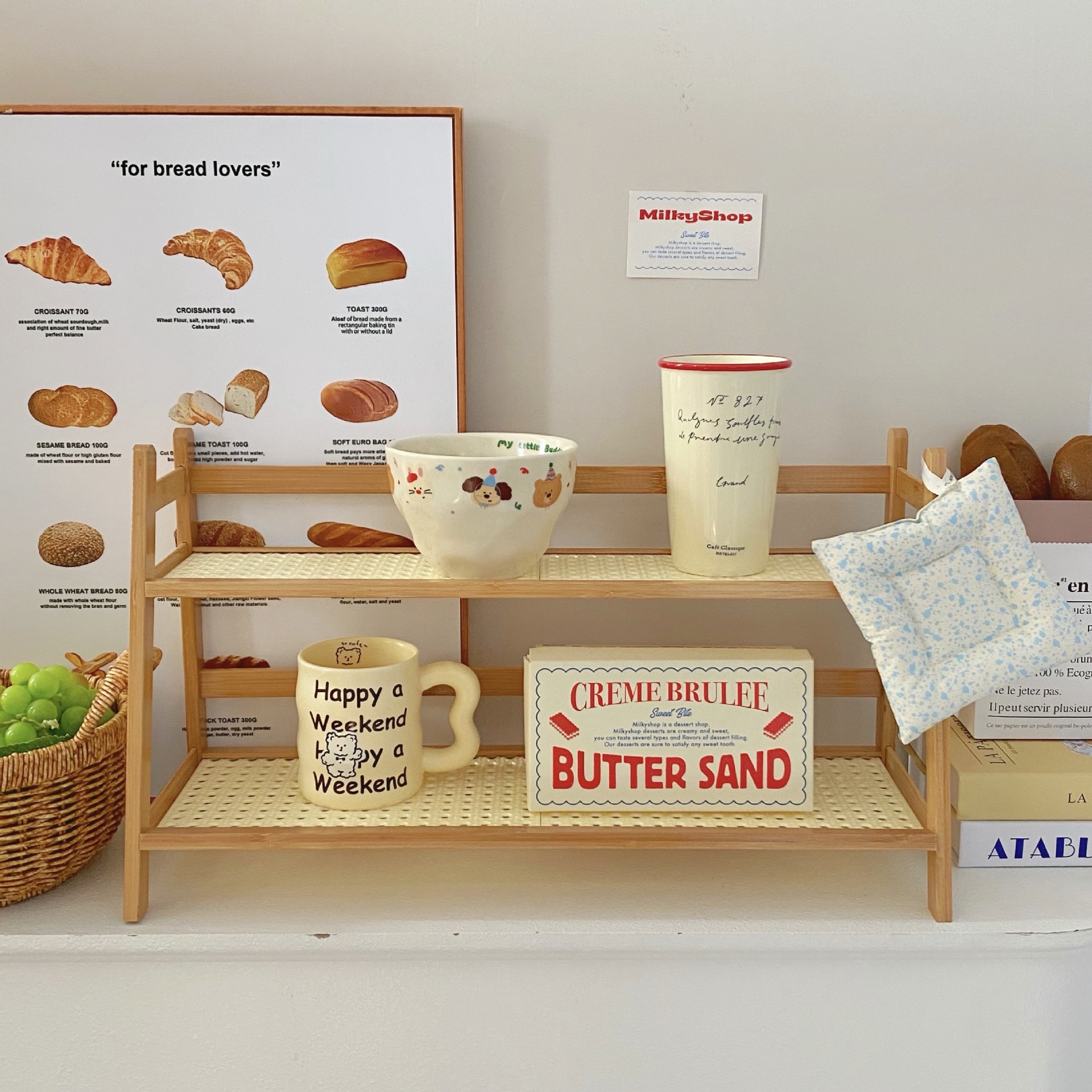 Double-layer desktop storage rack, large Chinese-style rattan cream-colored cup holder for dormitory, bedroom, office and kitchen full figure