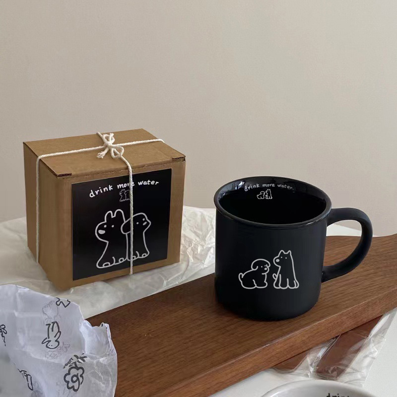 High-end frosted puppy mug, Korean version of ins breakfast coffee cup, ceramic cup, black and white couple cup gift box set Application Scenario