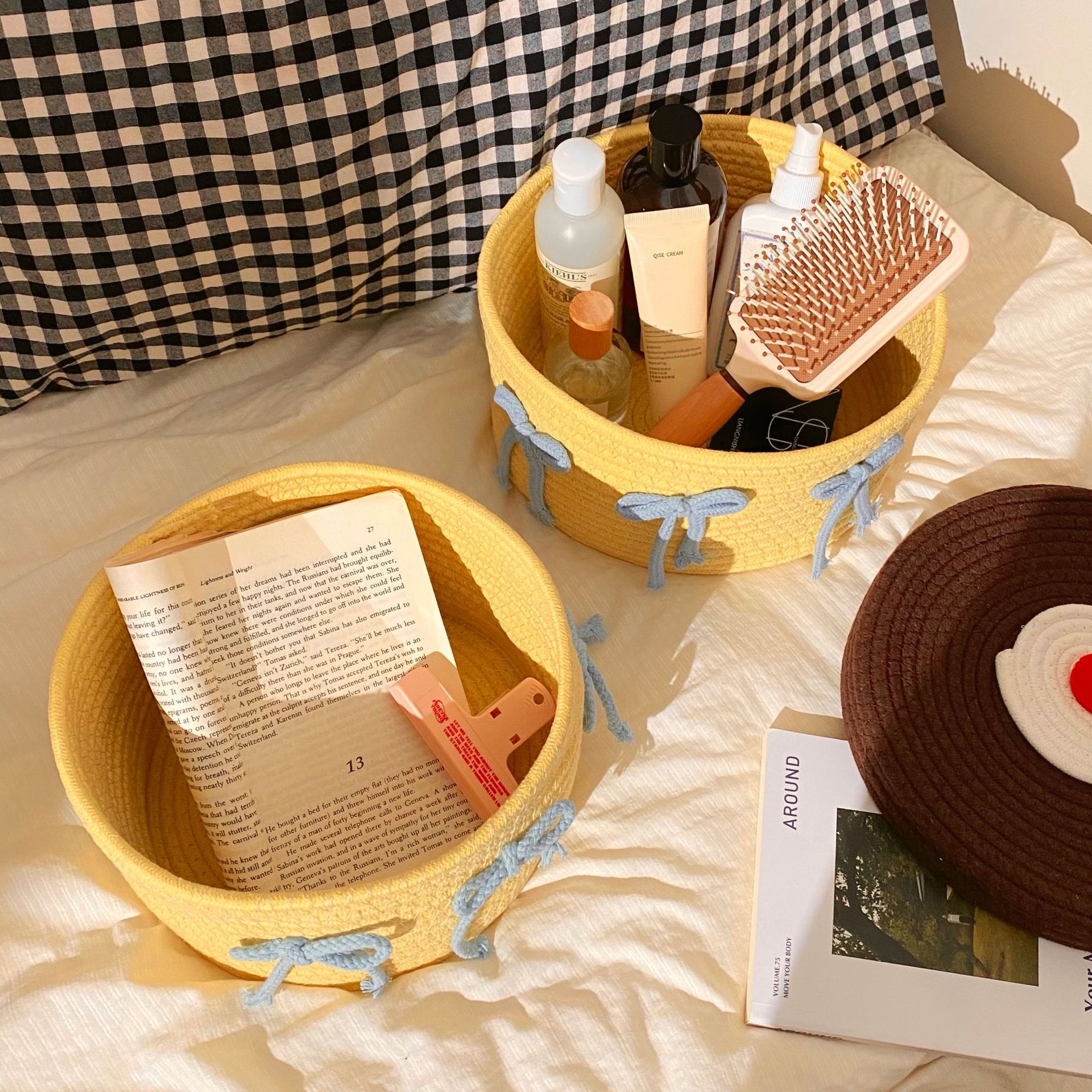 Cute cotton thread woven storage basket with dust-proof cover, desktop storage basket, ornament storage box, children's toy storage basket details Picture