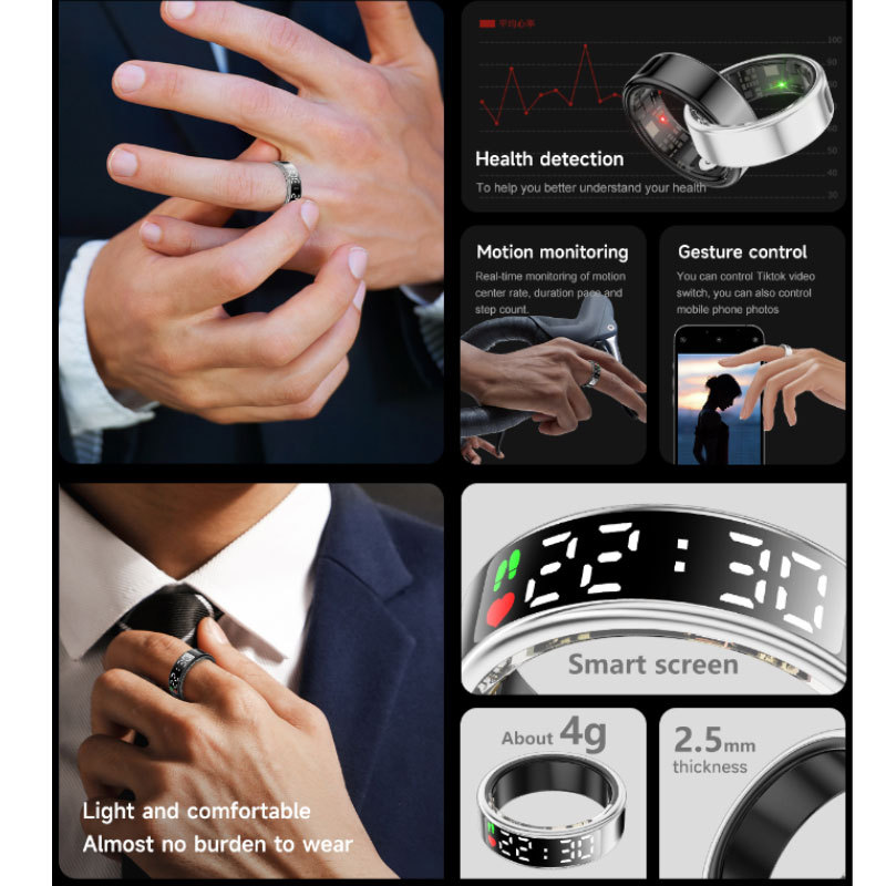 SR08 cross-border smart ring display screen flashing Douyin heart rate sleep health monitoring black Technology SamrtRing details Picture