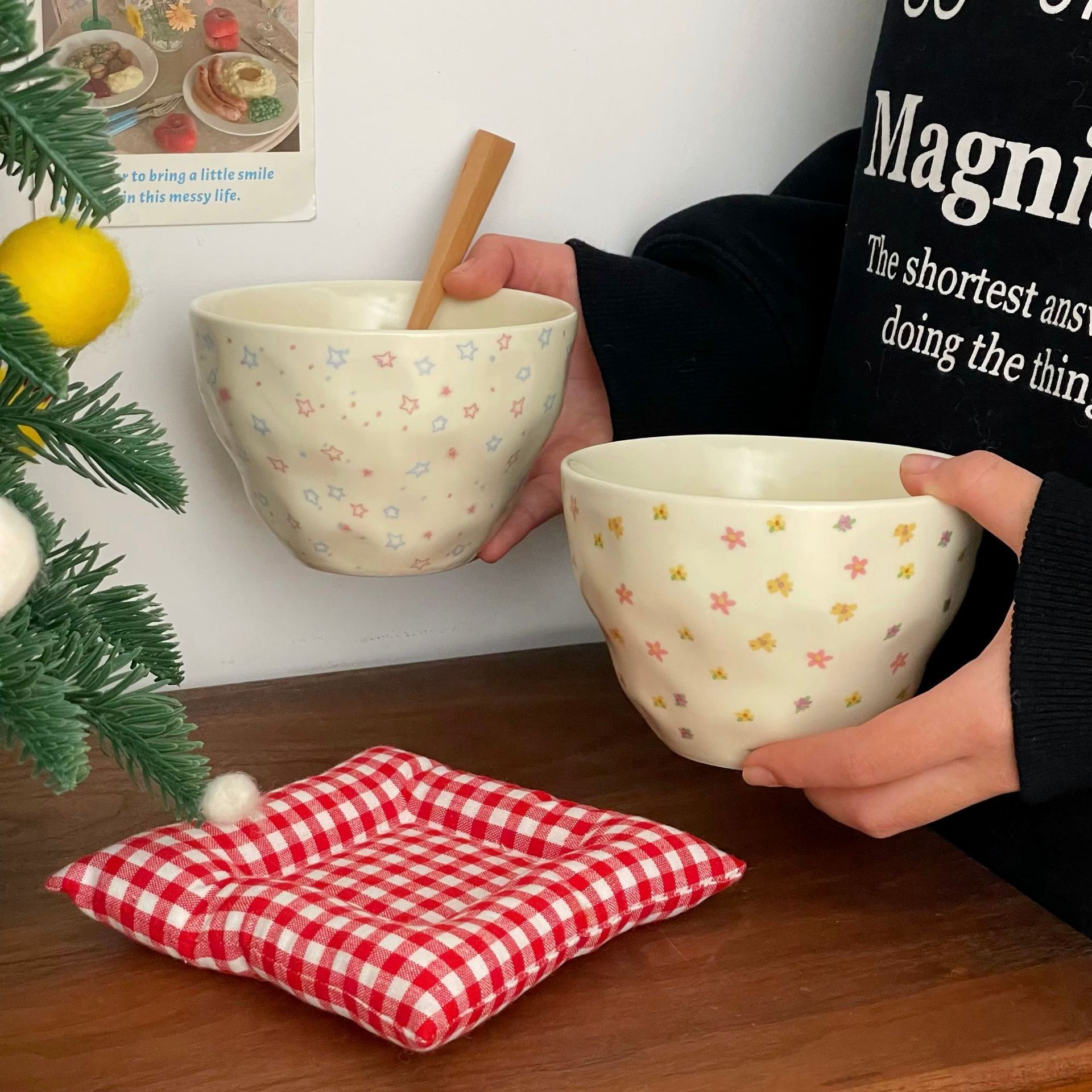 Colorful star, girlish Korean ceramic bowl, ins style, large capacity salad bowl, yogurt bowl, breakfast bowl, dessert bowl full figure