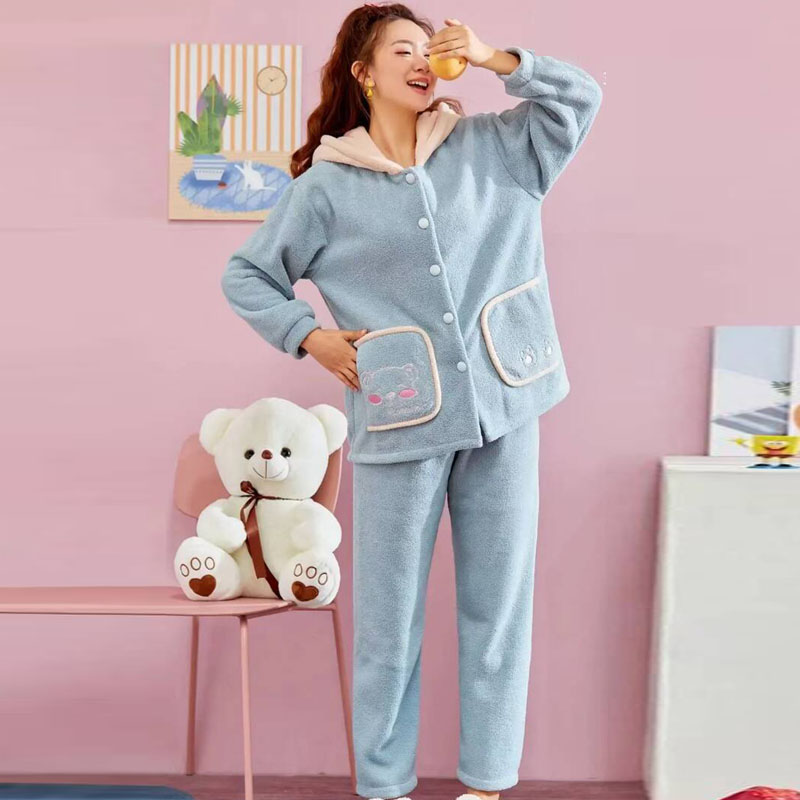Women's home wear and pajamas for export, fleece PYJAMAS pullover, women's long-sleeved set, winter new style of foreign trade home wear, Teddy fleece pajamas for wholesale and sale Application Scenario