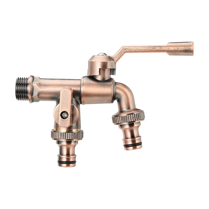 Cross-border exclusive supply of blue and ancient copper outdoor faucet washing machine, one inlet and two outlets, large flow anti-freezing tap water, all-copper faucet Item Picture