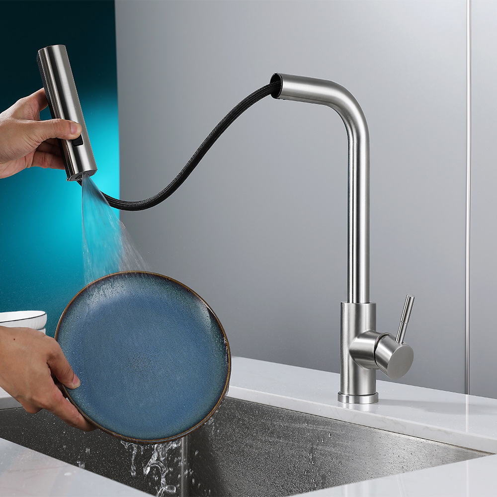 Feiyu Kitchen's pull-out faucet can be rotated in three Settings for water flow. 304 stainless steel sink, sink, and hot and cold faucet Application Scenario