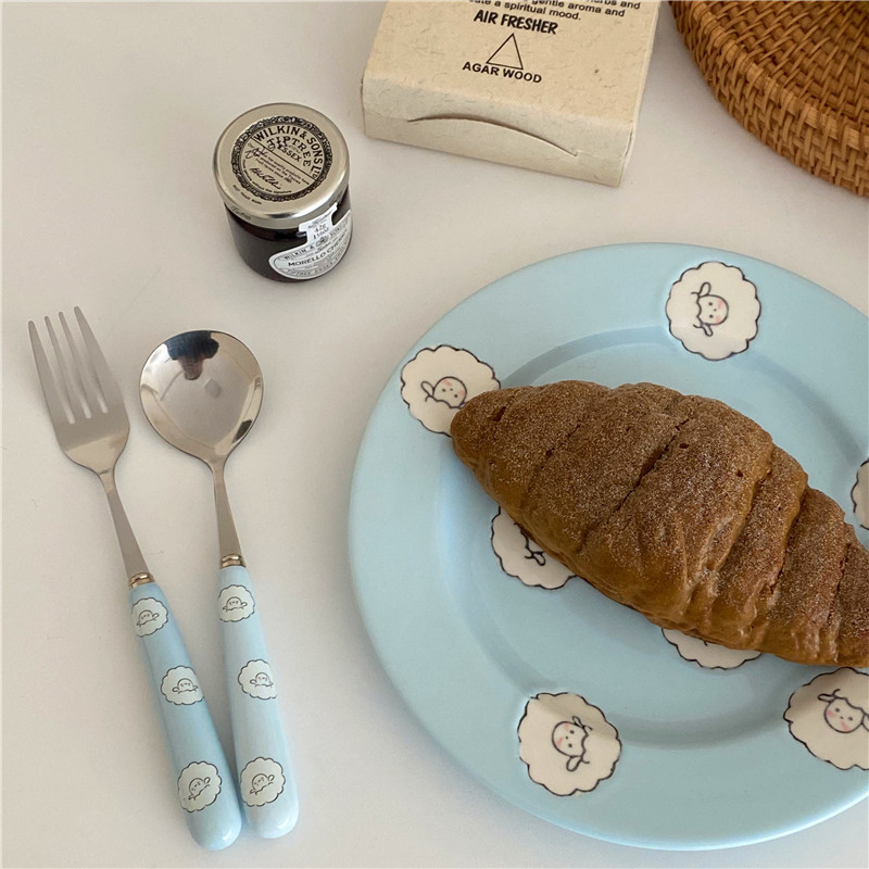 Cute cartoon blue lamb ceramic bowl, dessert bowl, girlish salad bowl, household ceramic plate set tableware full figure