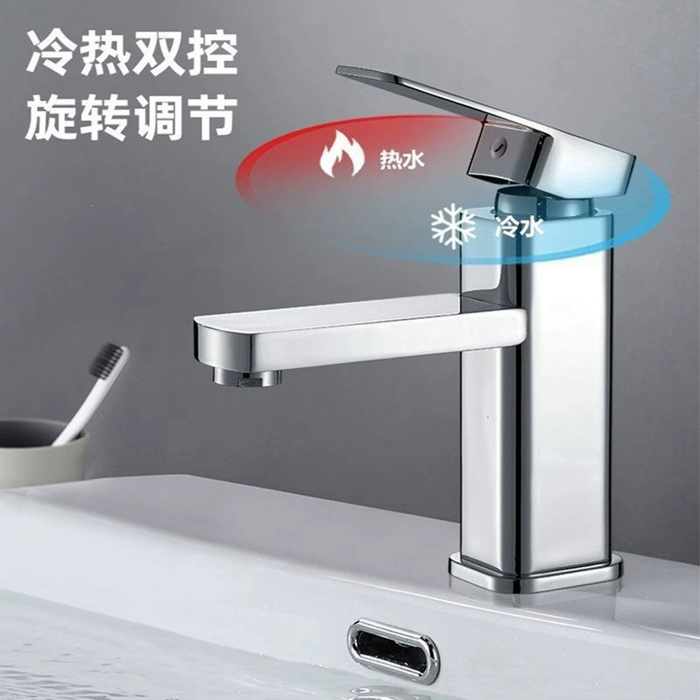 Cold and hot basin faucet, bathroom countertop, washbasin, bathroom, square single-hole stainless steel household faucet details Picture