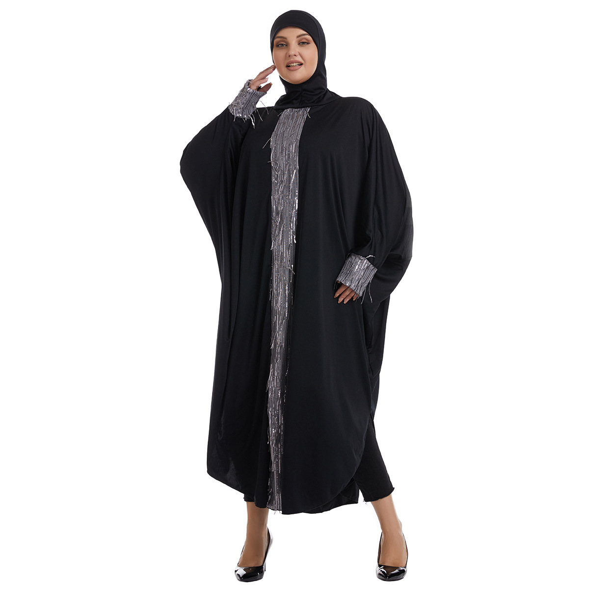 Factory stock of oversized women's long gowns, versatile and fashionable women's wear, solid color hooded half-body abaya Middle Eastern dress, long gown women's style hooded Muslin Application Scenario