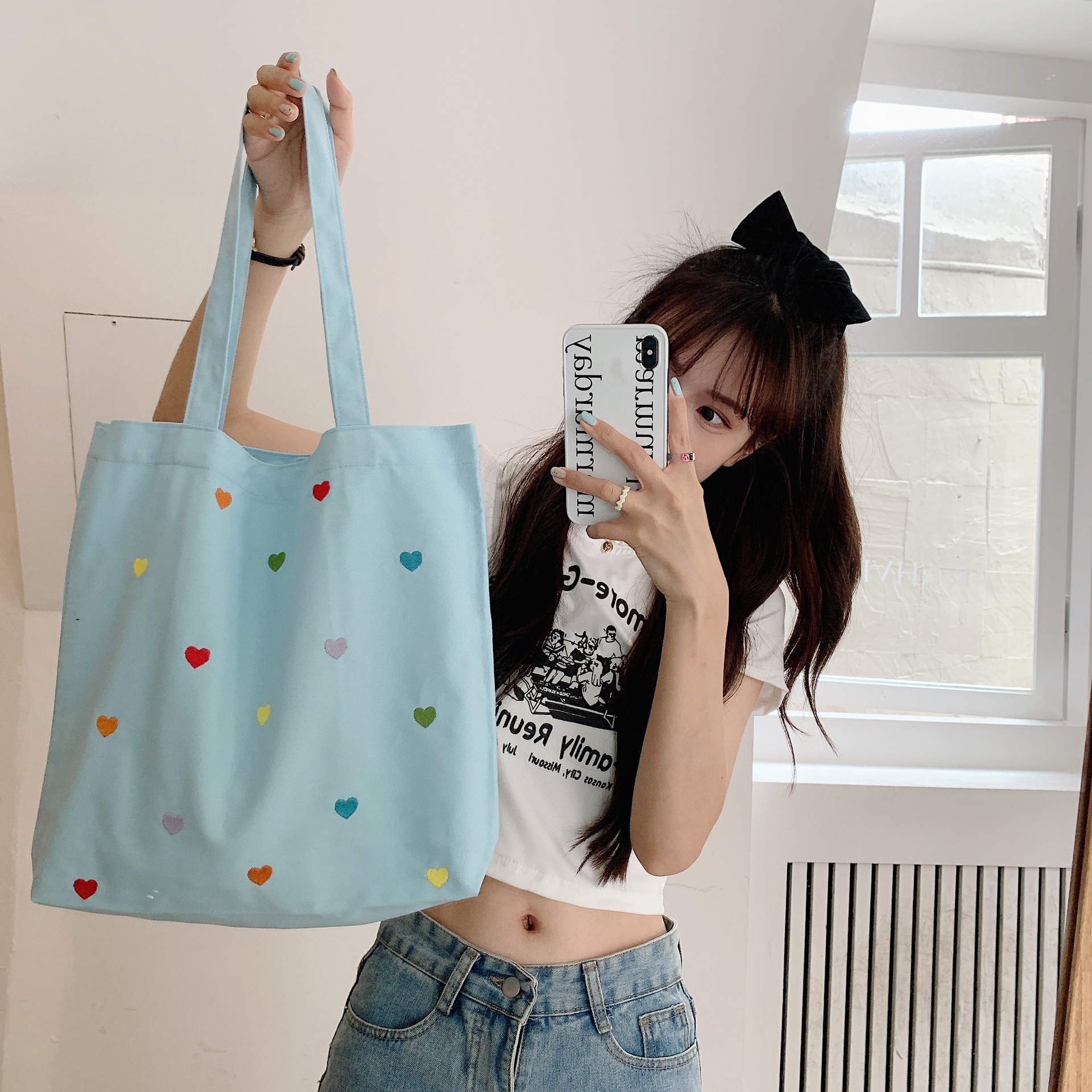 25243 Bags: Women's Heart Canvas Bag, Women's artistic shoulder Bag, Korean simple handbag, tote bag, trendy Specification drawing