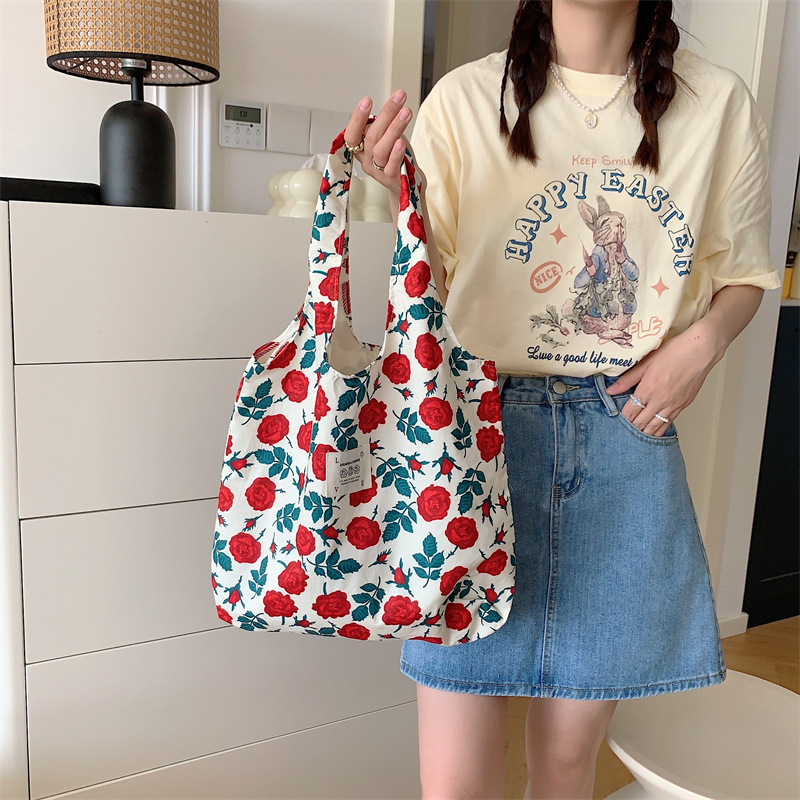 35204 Summer ins floral high-end canvas Bag, fresh and large capacity vest bag, shopping bag for shopping full figure
