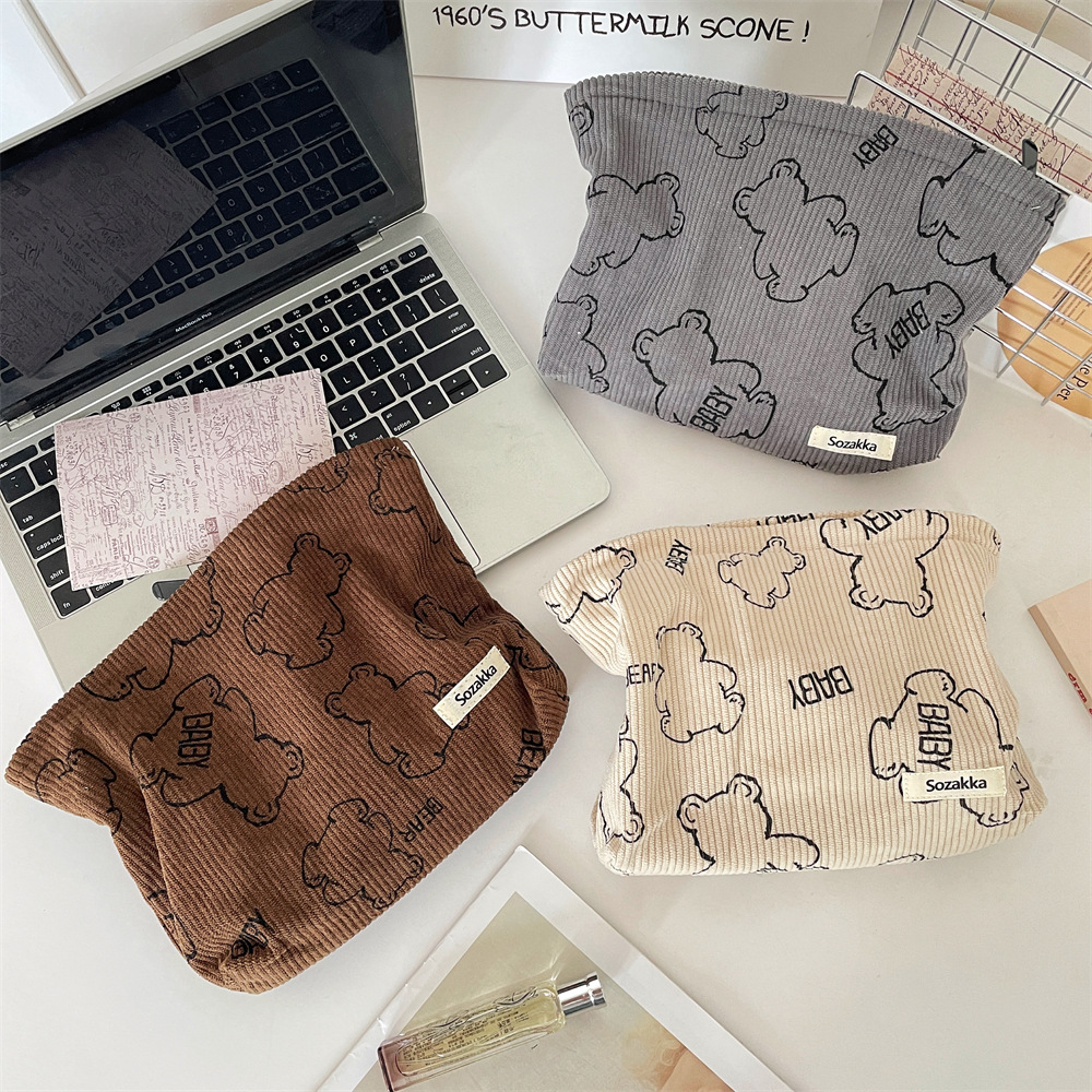 29272 Corduroy printed cute bear makeup Bag, mobile phone bag, women's portable lipstick cushion storage bag details Picture