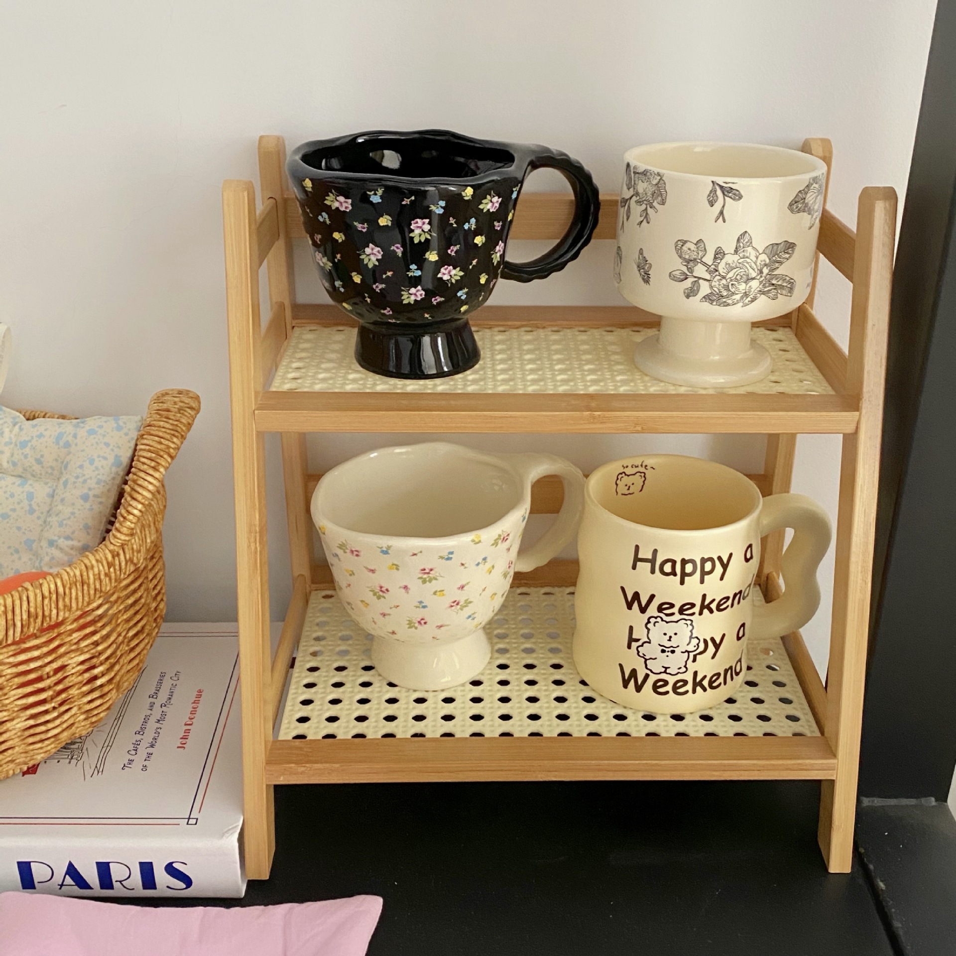 ins Chinese-style rattan cream-colored double-layer desktop storage rack for dormitories, bedrooms, offices, kitchens, cup holders and organizing racks details Picture