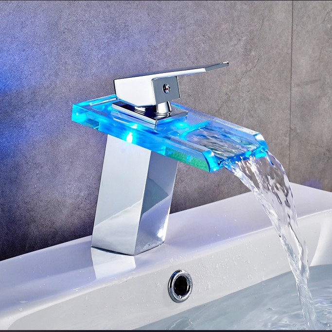Temperature-controlled three-color LED illuminated glass faucet, square waterfall washbasin, countertop basin, cold and hot water faucet manufacturer full figure