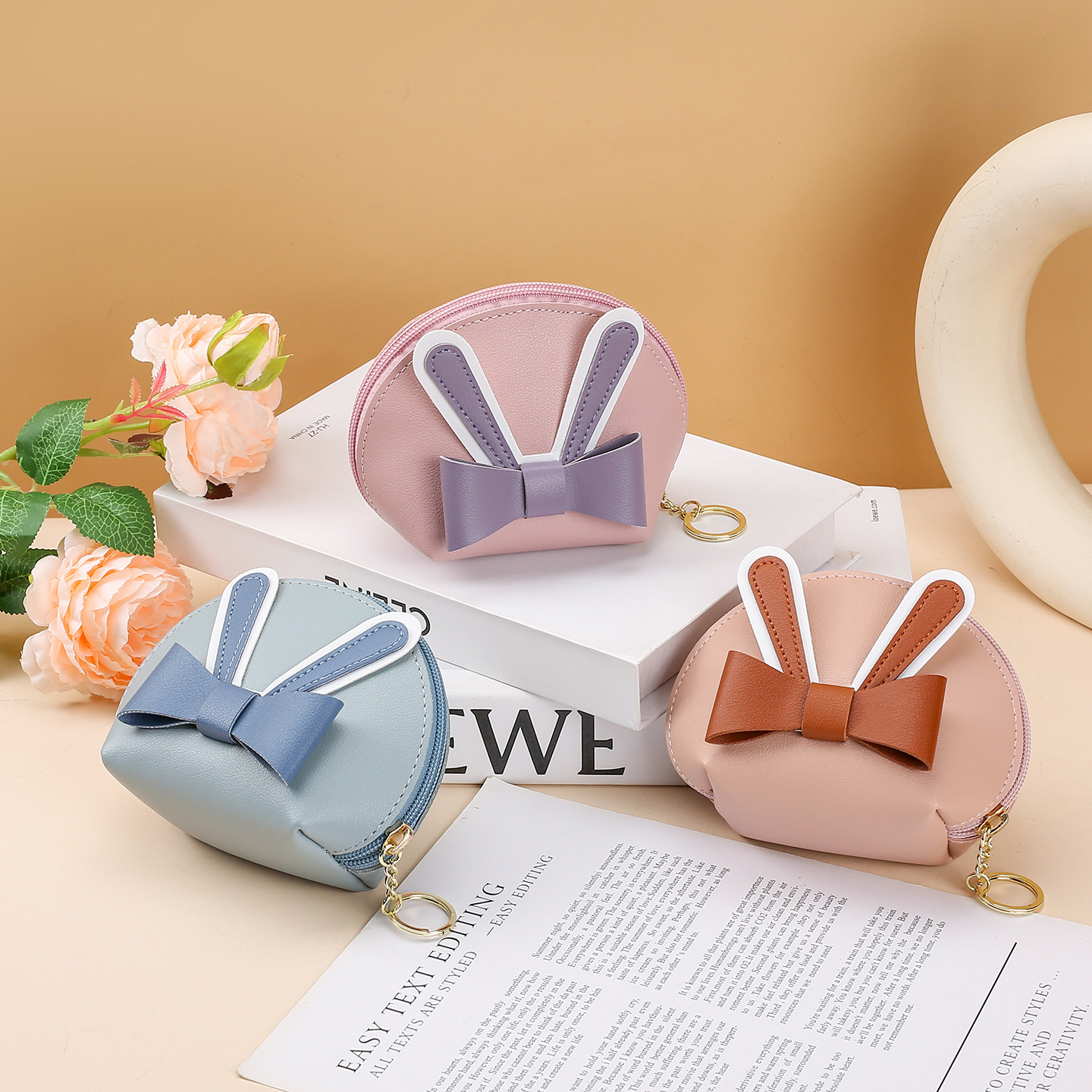 New Shangtu ear bow coin purse, pu leather earphone case, card case, keychain, zipper short gift Specification drawing