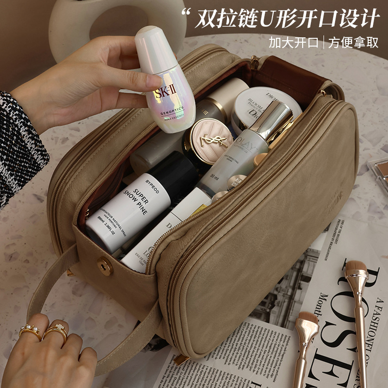 Double-zipper travel makeup bag, high-end, large-capacity new makeup storage bag, toiletry bag, portable storage bag Specification drawing