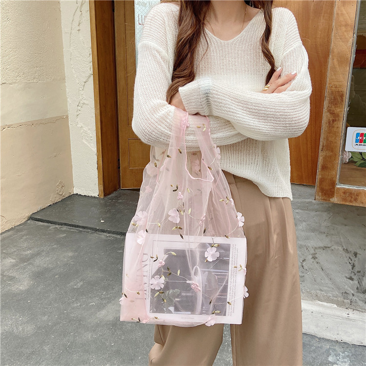 0492 New Style mesh embroidered flower Bag Fairy Summer Cute and fresh Mesh hand-carried Bag wholesale supply Specification drawing