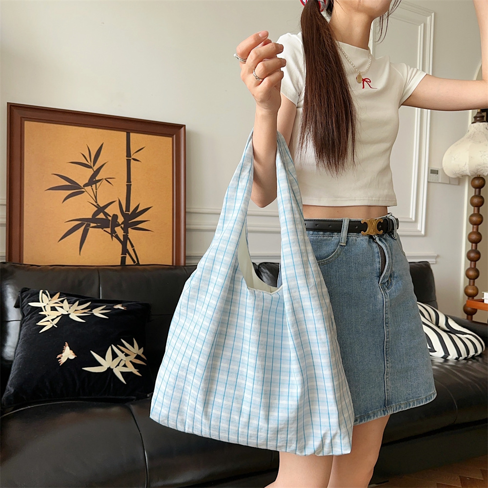 4662 Summer New Style college style checkered canvas bag, fresh and simple single-shoulder large capacity casual vest bag full figure